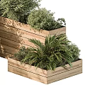 Decorative Wooden Corner Garden Planters With Various Green Plants And Lush Foliage