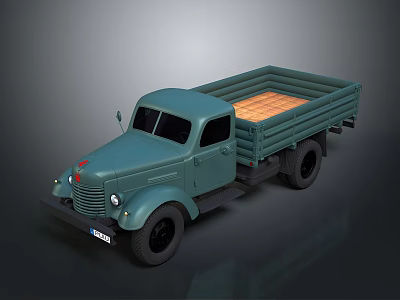 Teal Vintage Truck With Flatbed Wooden Planks And Round Headlights Design 3d model