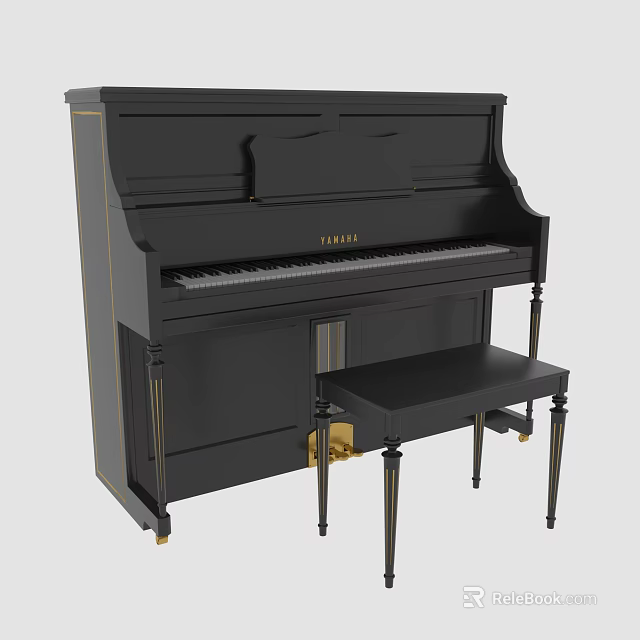 Elegant Black Yamaha Piano With Matching Bench And Gold Accents 3d model 