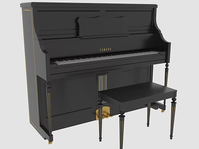 Elegant Black Yamaha Piano With Matching Bench And Gold Accents 3d model