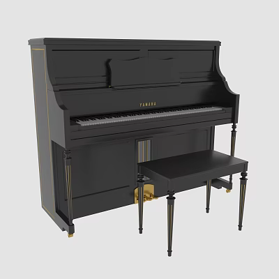 Elegant Black Yamaha Piano With Matching Bench And Gold Accents 3d model