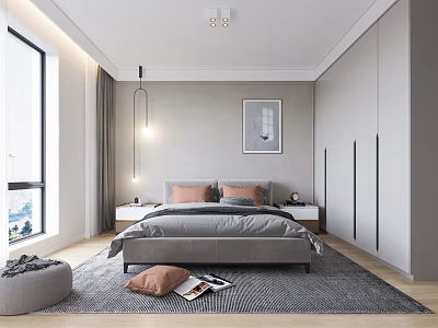 Modern Bedroom Interior With Gray Bed Gray Carpet Wooden Wardrobe And Wall Painting 3d model