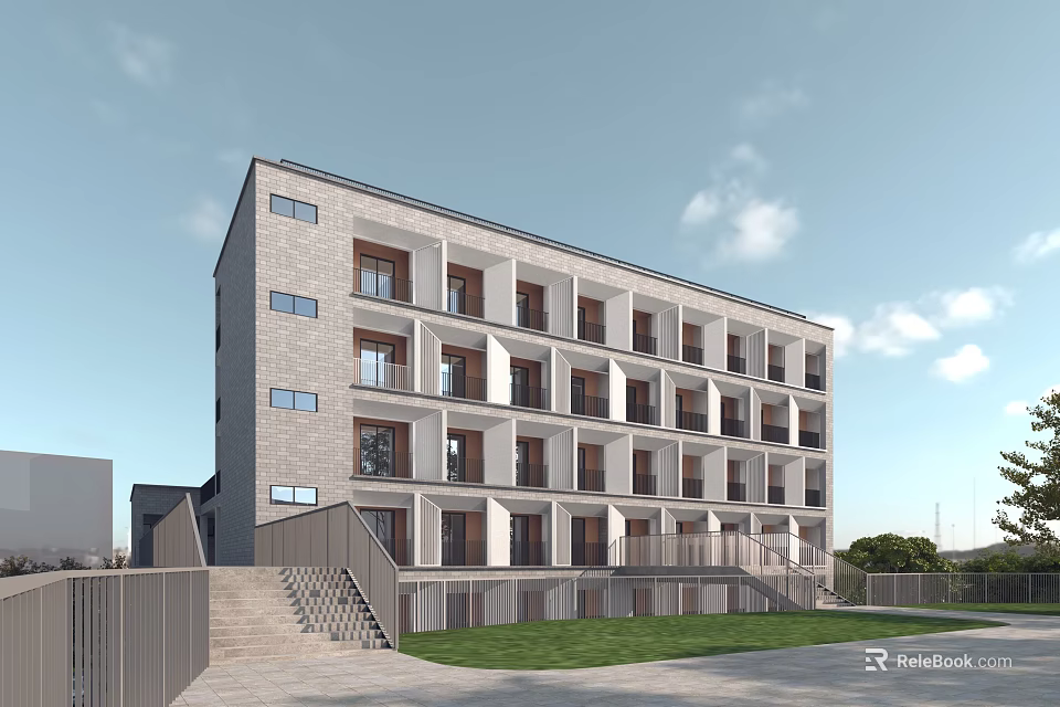 Modern Multi Story School Building With Gray Exterior Walls Numerous Windows And Front Lawn Stairs 3d model 