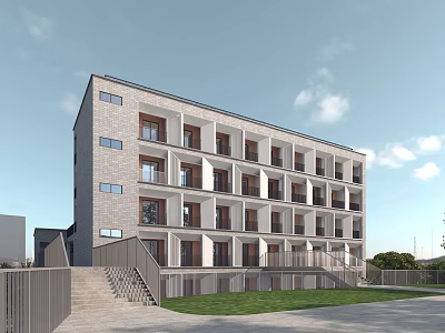 Modern Multi Story School Building With Gray Exterior Walls Numerous Windows And Front Lawn Stairs 3d model