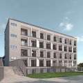 Modern Multi Story School Building With Gray Exterior Walls Numerous Windows And Front Lawn Stairs