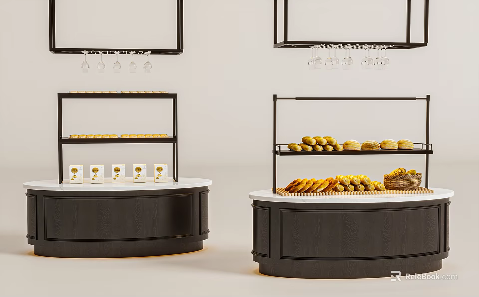 Modern Black Display Shelves With Bread Fruits And Pastries In Retail Store 3d model 