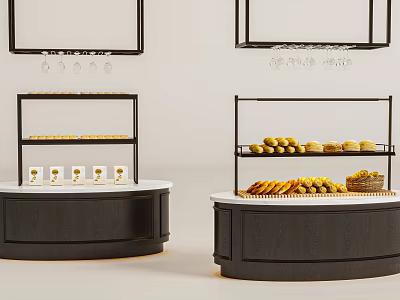 Modern Black Display Shelves With Bread Fruits And Pastries In Retail Store 3d model