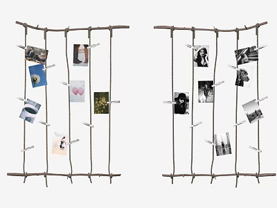 Decorative Photo Wall With Twig Frame Strings Clothespins And Hanging 3d model