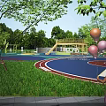 Park Landscape With Blue Red Track Green Grass Trees And Girl Holding Pink Yellow Balloons