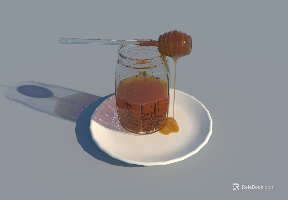 Natural Honey Dripping From Wooden Dipper In Glass Jar On White Plate 3d model 