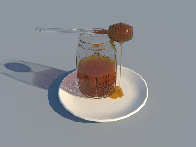 Natural Honey Dripping From Wooden Dipper In Glass Jar On White Plate 3d model
