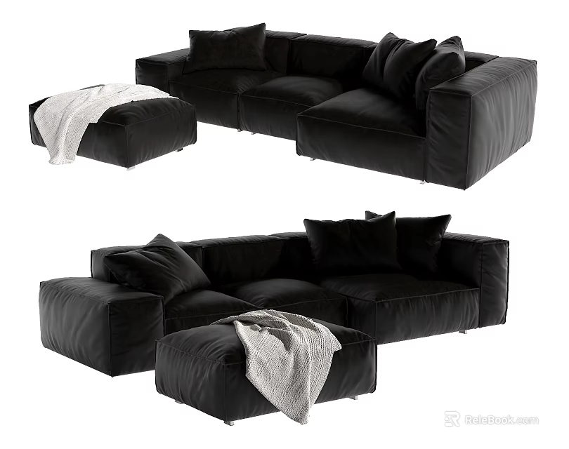 Black Sectional Sofa Design with Multiple Cushions Ottoman and Throw Blanket 3d model
