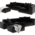 Black Sectional Sofa Design with Multiple Cushions Ottoman and Throw Blanket 3d model