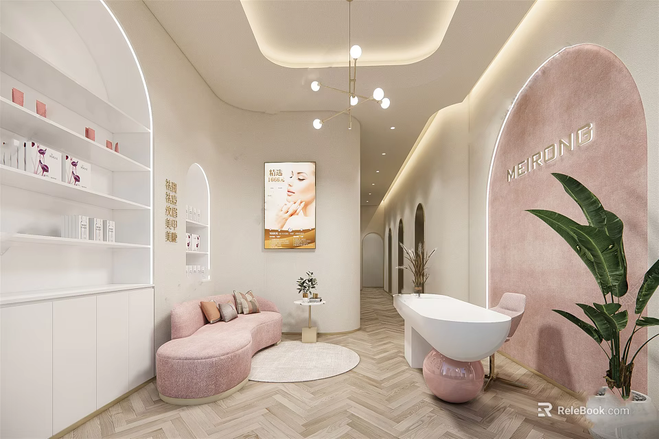 Elegant Beauty Salon Interior With Pink Sofa White Cabinets Beauty Products And Soft Lighting 3d model 