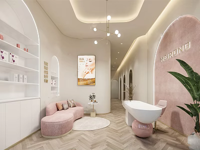 Elegant Beauty Salon Interior With Pink Sofa White Cabinets Beauty Products And Soft Lighting 3d model