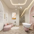Elegant Beauty Salon Interior With Pink Sofa White Cabinets Beauty Products And Soft Lighting