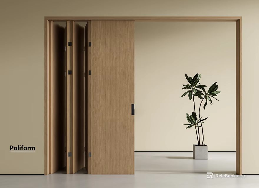 Poliform Wooden Folding Door with Sleek Frame Light Background and Green Plant in White Planter 3d model 