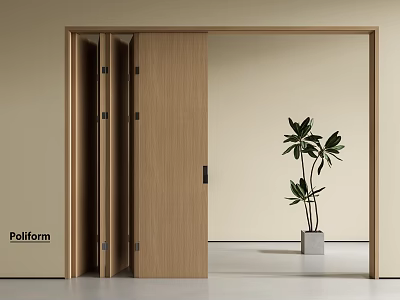 Poliform Wooden Folding Door with Sleek Frame Light Background and Green Plant in White Planter 3d model