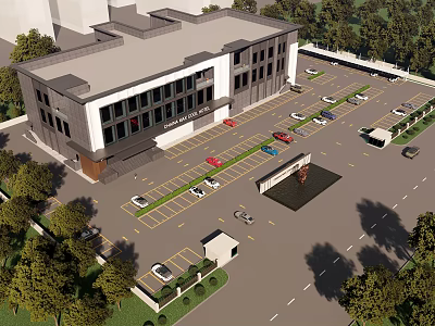 Modern Hotel Building Exterior Design With Parking Lot And Tree Landscaping 3d model