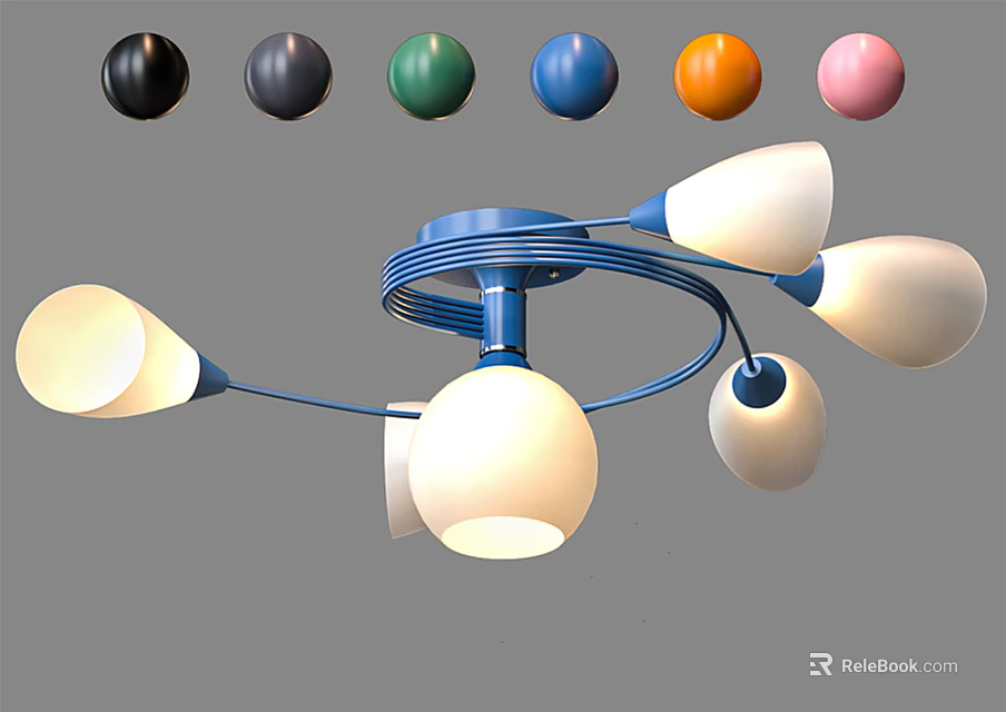 Modern Chandelier with Blue Frame White Lampshades and Multicolored Decorative Balls for Interior Design 3d model 