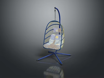 Modern Single Seater Chair With Blue Metal Frame And Rattan Weave Design 3d model
