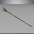Fantasy Magic Staff With Blue Gemstone White Decorations Red Wooden Shaft And Metal Tip