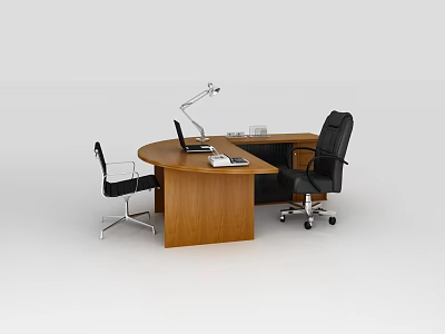 Wooden Curved Office Desk With Laptop Desk Lamp And Executive Chairs 3d model