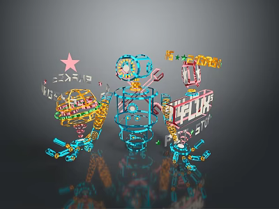 Blue Humanoid Game Movie Character With Mechanical Structure And Colorful Gaming Elements 3d model