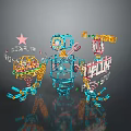 Blue Humanoid Game Movie Character With Mechanical Structure And Colorful Gaming Elements