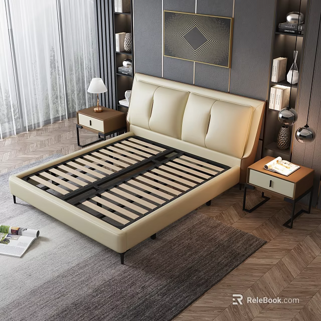 Modern Double Bed With Beige Leather Headboard Wooden Slat Base And Nightstands In Bedroom 3d model 