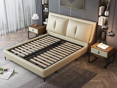 Modern Double Bed With Beige Leather Headboard Wooden Slat Base And Nightstands In Bedroom 3d model