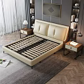 Modern Double Bed With Beige Leather Headboard Wooden Slat Base And Nightstands In Bedroom