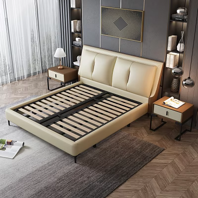 Modern Double Bed With Beige Leather Headboard Wooden Slat Base And Nightstands In Bedroom 3d model