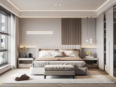 Modern Bedroom Interior Design With Upholstered Headboard Nightstands Bench And Ambient Lighting 3d model