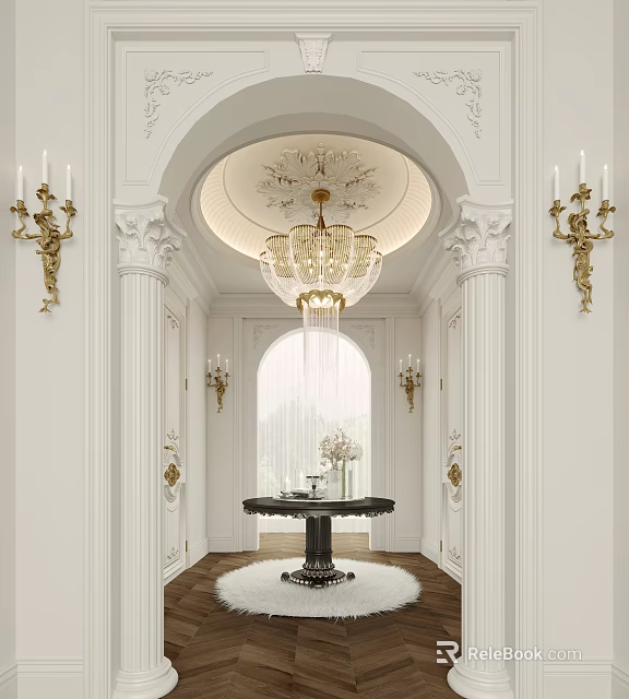 Luxurious Foyer Hallway With Chandelier And Columns 3d model 