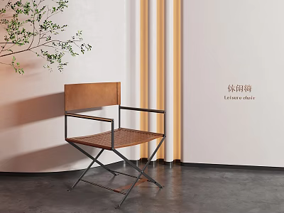Modern Leisure Chair with Brown Woven Seat and Metal Frame in Minimalist Indoor Space with Green Plant 3d model