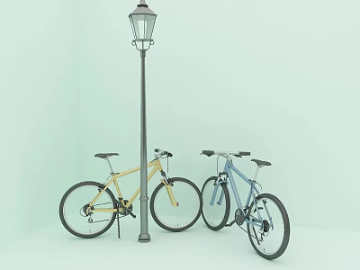 Two Yellow And Blue Bicycles Parked Beside Street Lamp In Studio 3d model