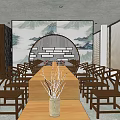 Modern Restaurant Open Space With Wooden Tables Chairs And Branch Texture Ceiling