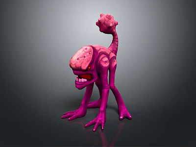 Pink Fantasy Creature With Long Neck Lumpy Head Open Mouth Sharp Teeth And Slender Limbs 3d model