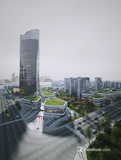 Modern Urban Commercial Street Featuring Green Roof Buildings Tall Skyscrapers And Busy Roads 3d model 