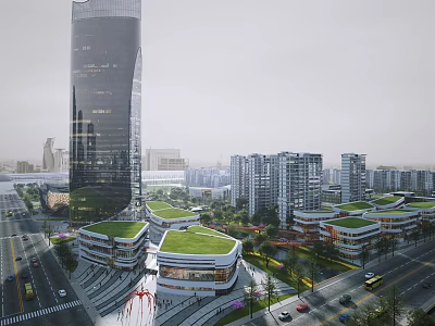 Modern Urban Commercial Street Featuring Green Roof Buildings Tall Skyscrapers And Busy Roads 3d model