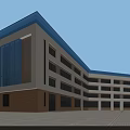 Modern School Building With White Brown Facade Blue Roof Large Windows And Front Open Square