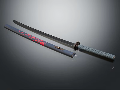 Traditional Samurai Sword Featuring Black Blade Red Patterned Scabbard And Textured Handle 3d model
