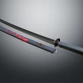 Traditional Samurai Sword Featuring Black Blade Red Patterned Scabbard And Textured Handle 3d model