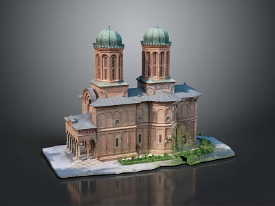 Detailed European-style Architecture Model With Green Domes Brick Towers And Surrounding Greenery 3d model