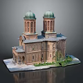Detailed European-style Architecture Model With Green Domes Brick Towers And Surrounding Greenery