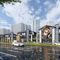 Vibrant Commercial Street With Modern Architecture Green Landscaping Pedestrians And Retail Shops