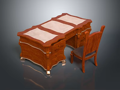Vintage Wooden Desk With Leather Top Panels Carved Details Drawers And Matching Upholstered Chair 3d model