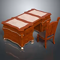 Vintage Wooden Desk With Leather Top Panels Carved Details Drawers And Matching Upholstered Chair
