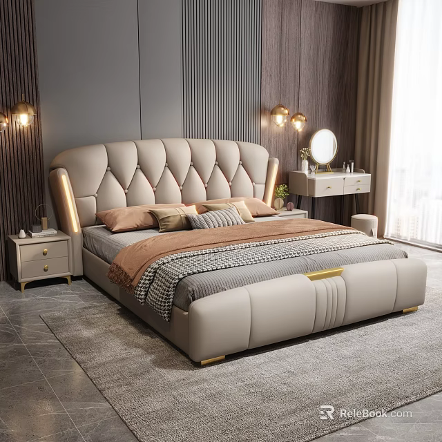 Modern Luxury Bedroom With Beige Diamond Stitched Bed Nightstands Table Lamps And Dressing Table Mirror 3d model 